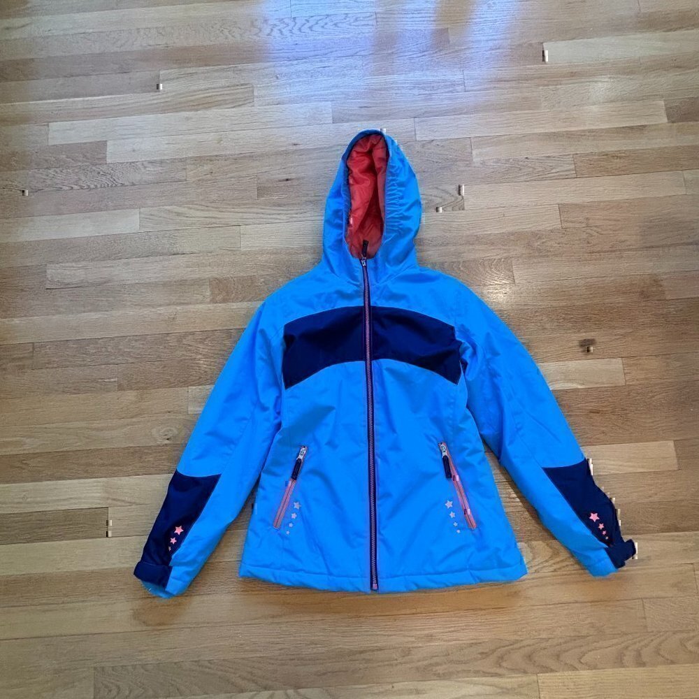 Land's End Girls L 14 Stormer Jacket Coat Hooded Blue Coral Star Zip Front